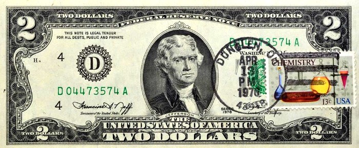 1976 2 dollar with post office stamp