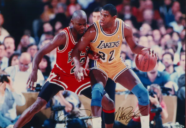 Magic Johnson Los Angeles Lakers and Michael Jordan Chicago Bulls Autographed Photo